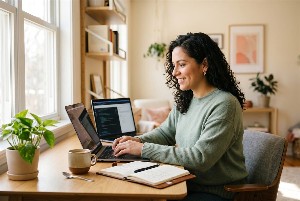 Mujer latina aprendiendo en su laptop desde casa